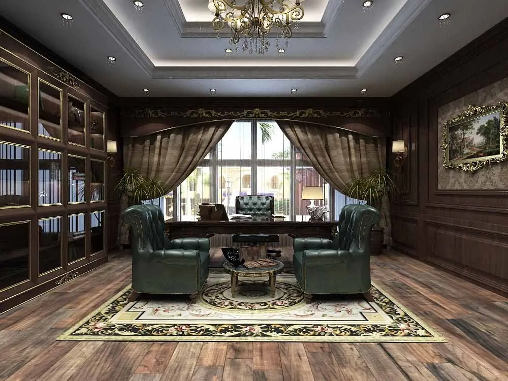 An axial office view with dark wood-toned panelling, a bookcase and green seating beneath a lit ceiling