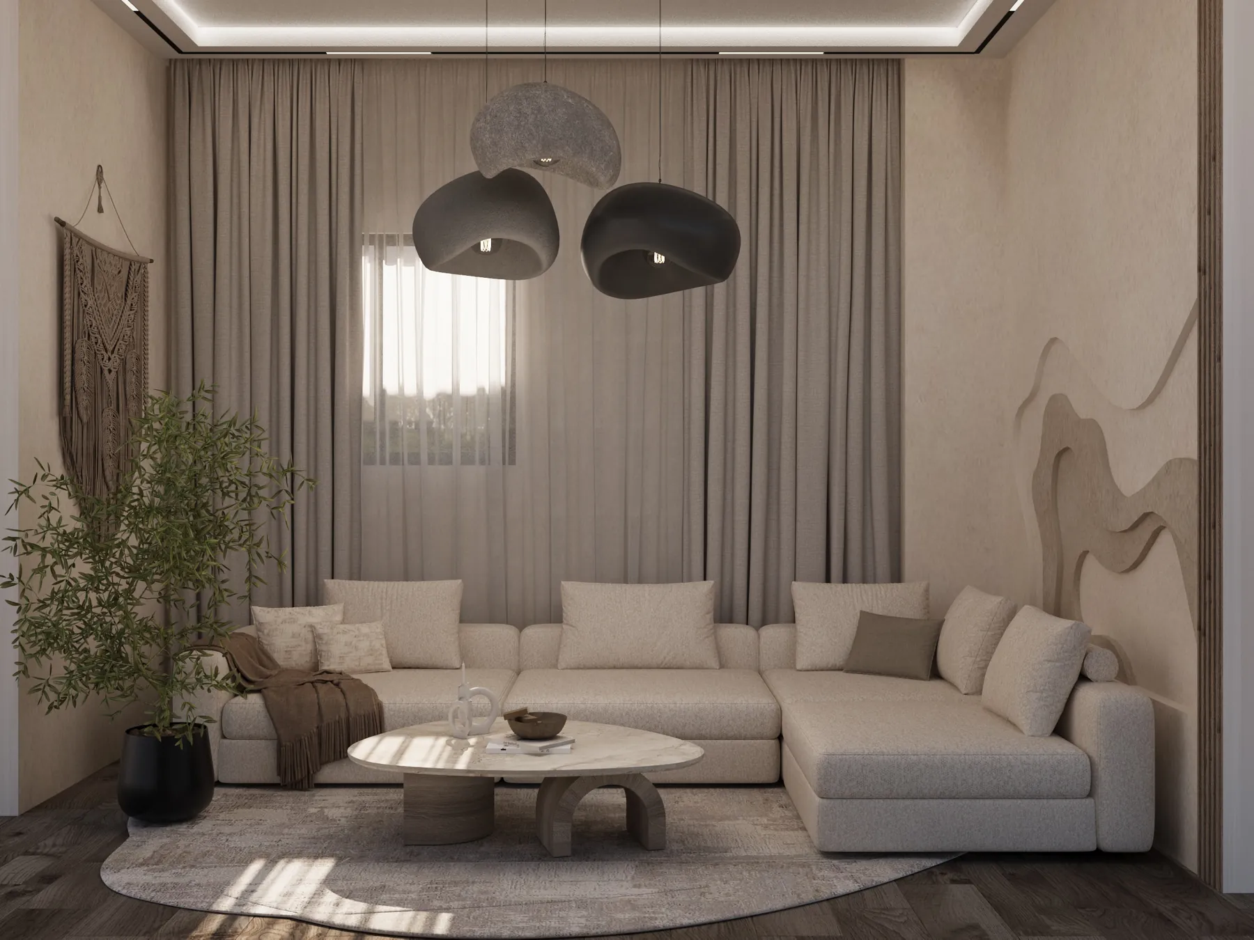 A pale living area with a corner sofa, dark pendant lamps and curved wall lines