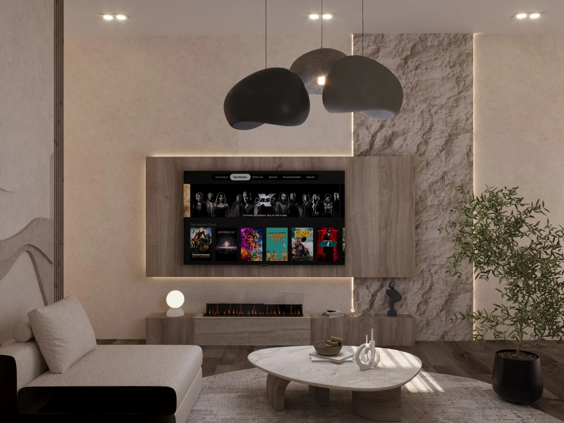 A media wall combining wood tones and a vertical stone-patterned panel, facing round tables