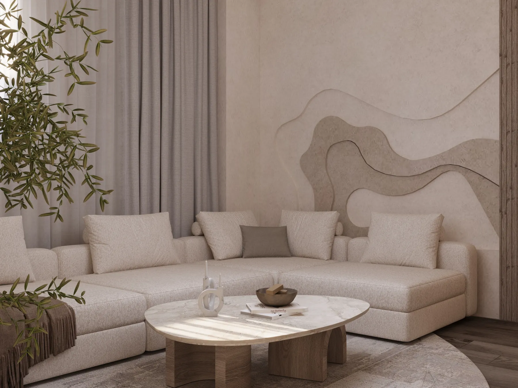 A closer view of pale seating and round tables against an organic wall composition