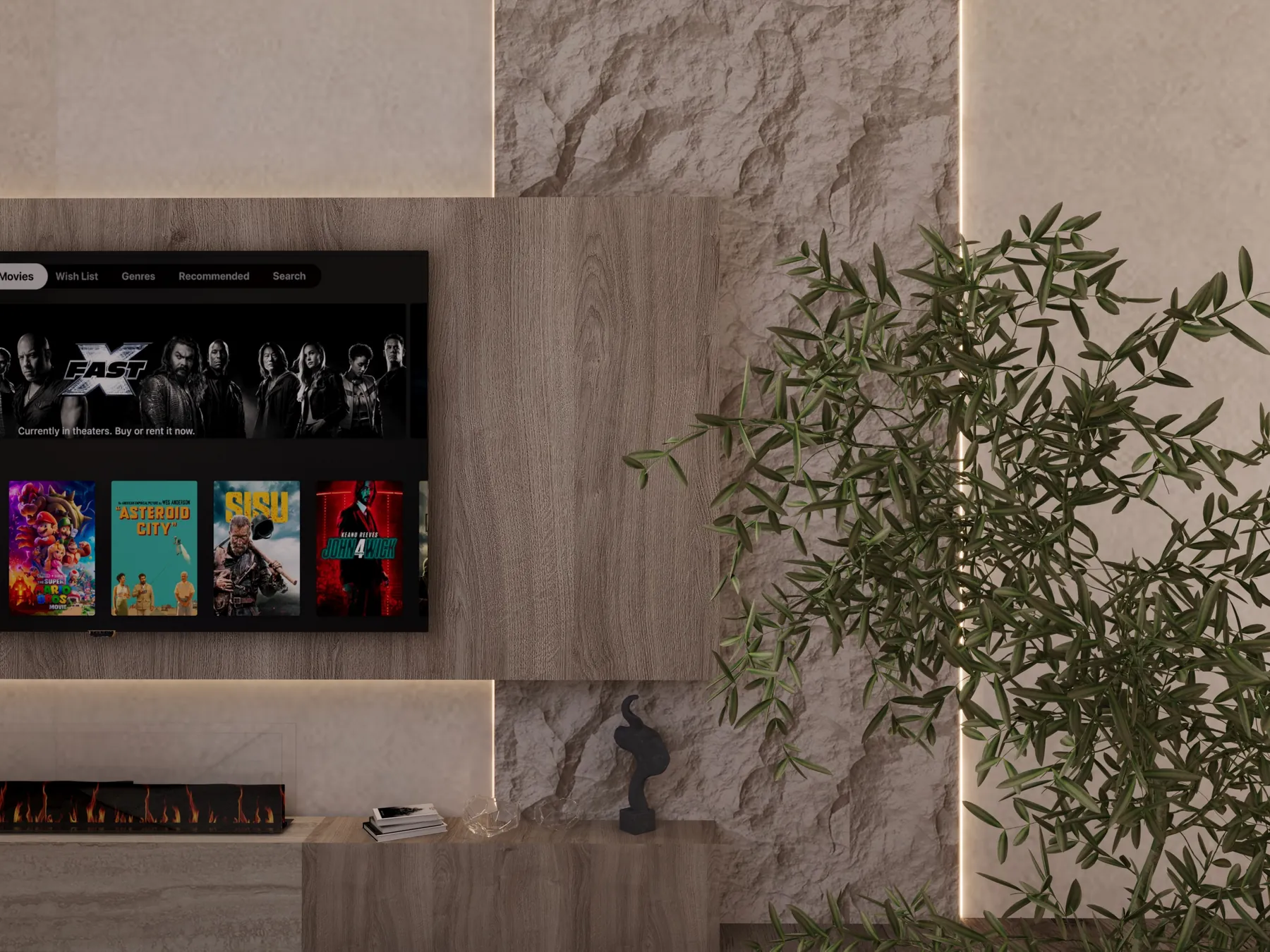 A detail of the media wall, cabinetry and planting against contrasting surfaces